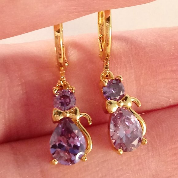 18K Gold Filled Cat Diamond Zircon Purple Dangle Earrings Women's1.25ctw each - Picture 1 of 4